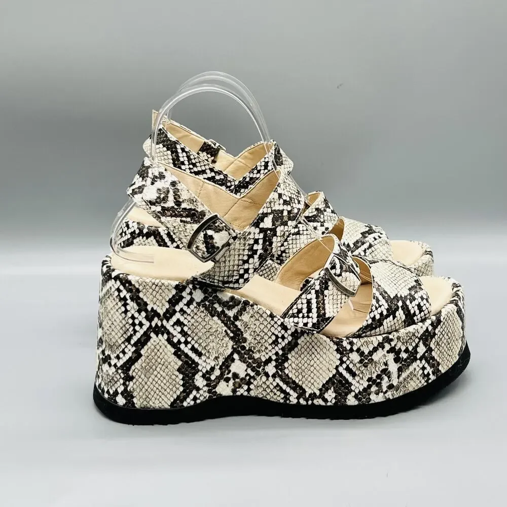 Free People Sandals Womens 9 Beige Synthetic Snake Print Strappy Wedge Shoes